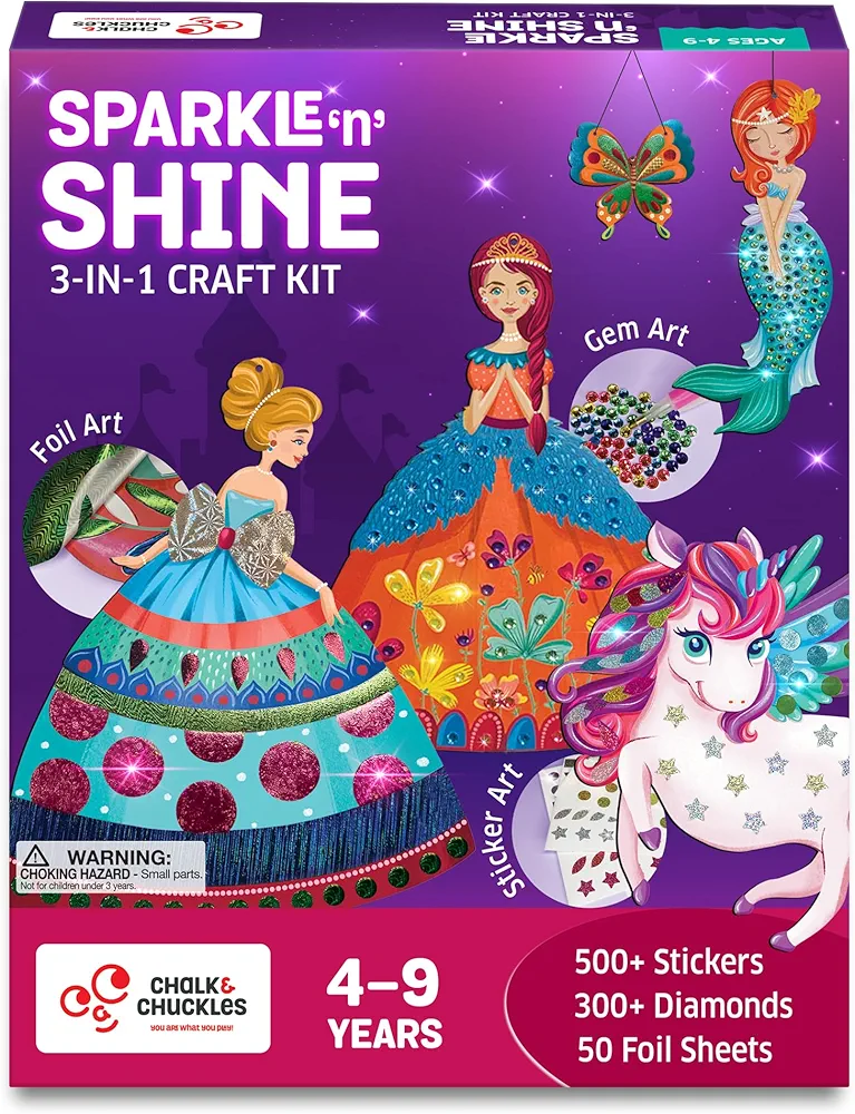 Chalk and Chuckles Art and Craft Kit, Sparkle & Shine Unicorn & Princess, Mess-Free Foil Art and Diamond Painting Set, Birthday Gift for Girls Ages 4,5,6,7,8,9 DIY Toys for Kids