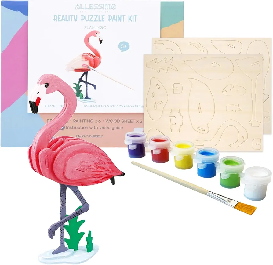 Create + Paint Flamingo 3D Puzzles for Kids, Girls and Boys Ages 7 8 9 10 11 12 Year Old. includes Wooden Model Kit, Brush and Paint Supplies. Stem Gift for Kids and Teenage Art Projects