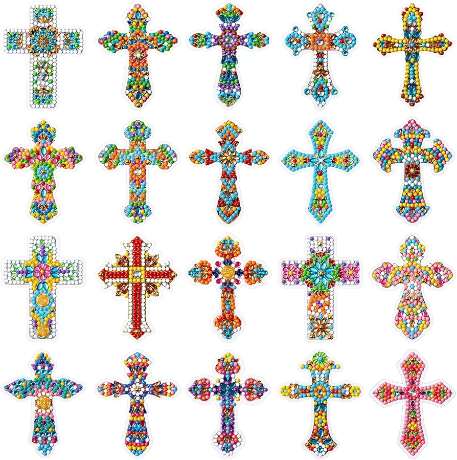 24 Pcs Cross Diamond Painting Stickers Kits Cross Shaped Diamond Mosaic Sticker 5D Diamond Art Stickers DIY Crafts Gem Diamond Painting Kits for Adults Beginners