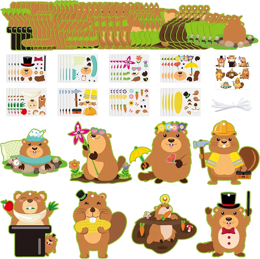 3sscha 40 Packs Groundhog Craft Kit for Kids - Make Your Own Groundhog Card DIY Cute Animal Self-Adhesive Sticker Handmade Art Project Decoration Classroom Home Activity Gift Party Favor
