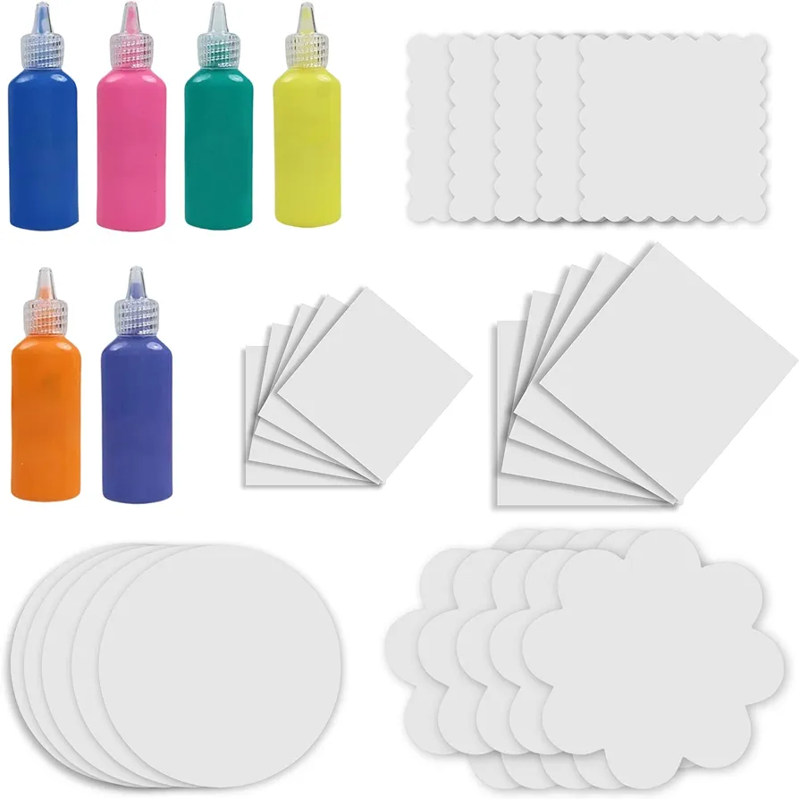Spin and Spiral Art Refill Pack - Set of 25 Cardboard Pieces in 5 Unique Shapes, 5 Pieces Each - 6 Bottles of Colored Paint - Purple, Blue, Green, Pink, Orange, Yellow