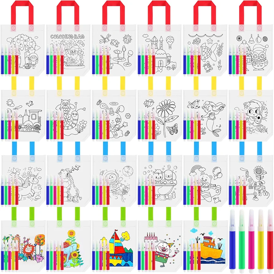 48 Pcs Coloring Goodie Bags for Kids,Reusable Art Party Favor Bags,Non Woven Coloring Totes,Color Your Own Bag,Graffiti Goodie Bags,Birthday Party Favor Bags (23 Styles,240 Colorful Pens)