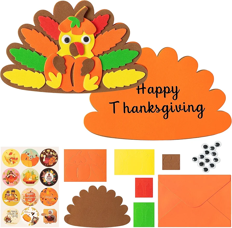 B1ykin Thanksgiving Thankful Cards Foam Crafts Kit for Kids, DIY Fall Turkey Thankful Card with Envelopes, 12 DIY Sets Autumn Greeting Cards Crafts for Party School Classroom Home Activities Supplies
