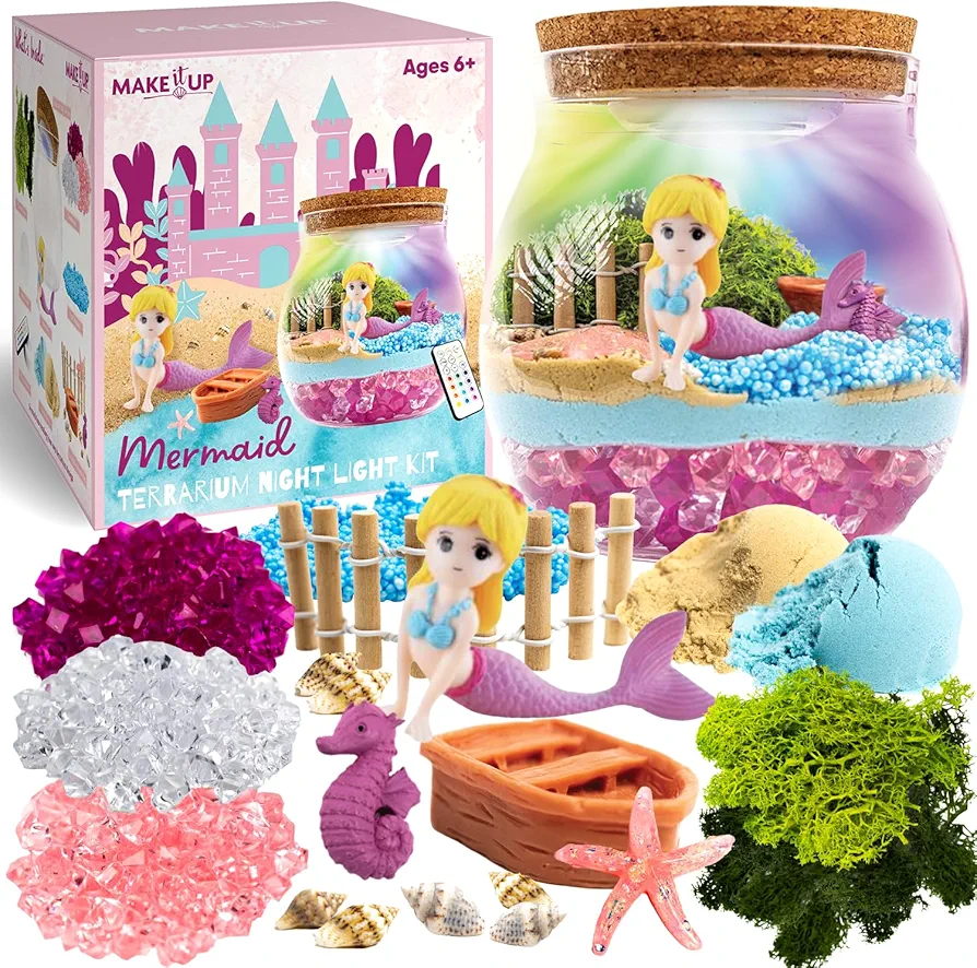 Mermaid Light Up Terrarium Kit for Kids I DIY Mermaid Toys Craft Kits for Kids I Night Light for Kids Crystal Growing Kit I Terrarium Jar for Kids I Birthday Gifts for Girls Age 4-12