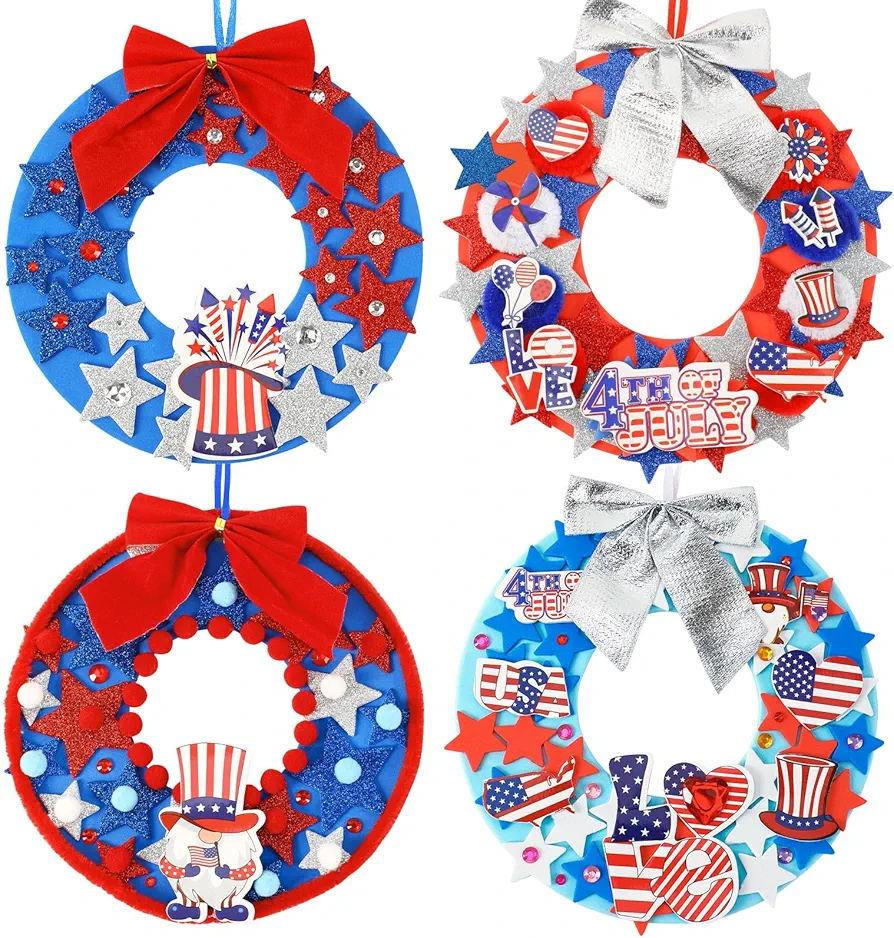 BOARDFEB 12 Sets 4th of July Crafts Kits DIY Patriotic Red White Blue Star Foam Wreath Signs Ornaments for Kids Independence Day Party Favors Gift Exchange Activities