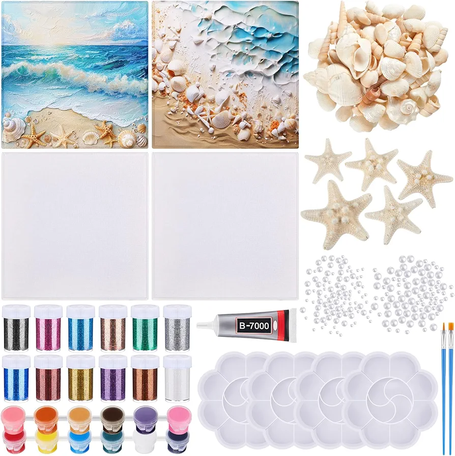 4 Set Paint by Number for Adults Kids DIY Kit Seashell Painting Kit Ocean Painting Picture Shell Paint by Number Canvas for Party Supplies Painting Sip and Paint