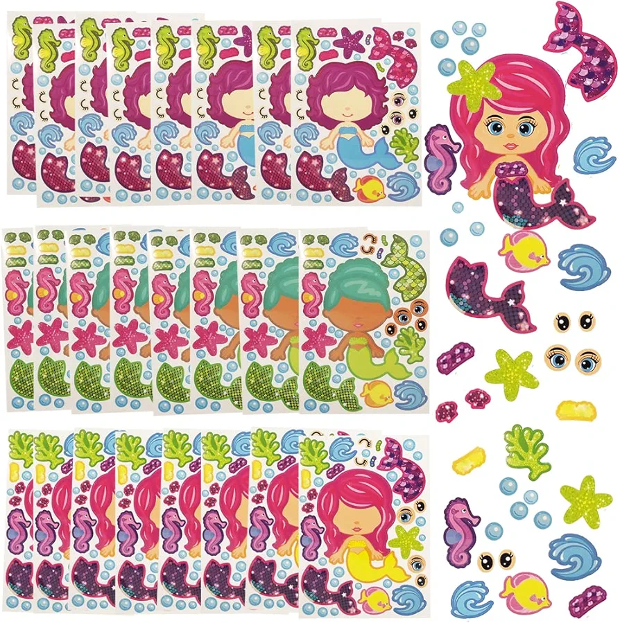 ArtCreativity Make Your Own Mermaid Sticker Set, 24 Sheets, Customizable Mermaid Stickers for Girls, Fun Crafts Classroom Activity, Mermaid Party Favors for Kids, Goodie Bag Fillers, Teacher Reward