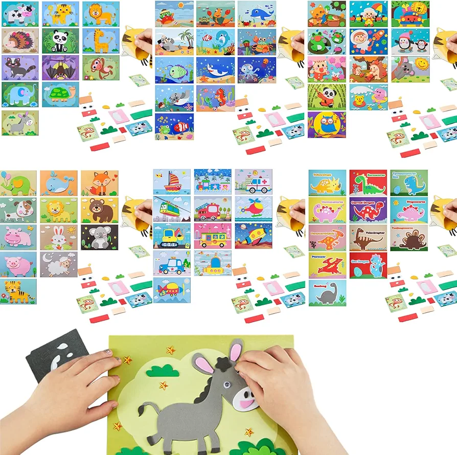 6 Set/72 Sheets Cartoon EVA Sticker Toys, DIY Kids Animal Handmade Stickers, 3D EVA Foam Sticker Puzzle Game, DIY Cartoon Animal Painting Stickers Learning Toys for Kids 3+ Years Art Craft Kits
