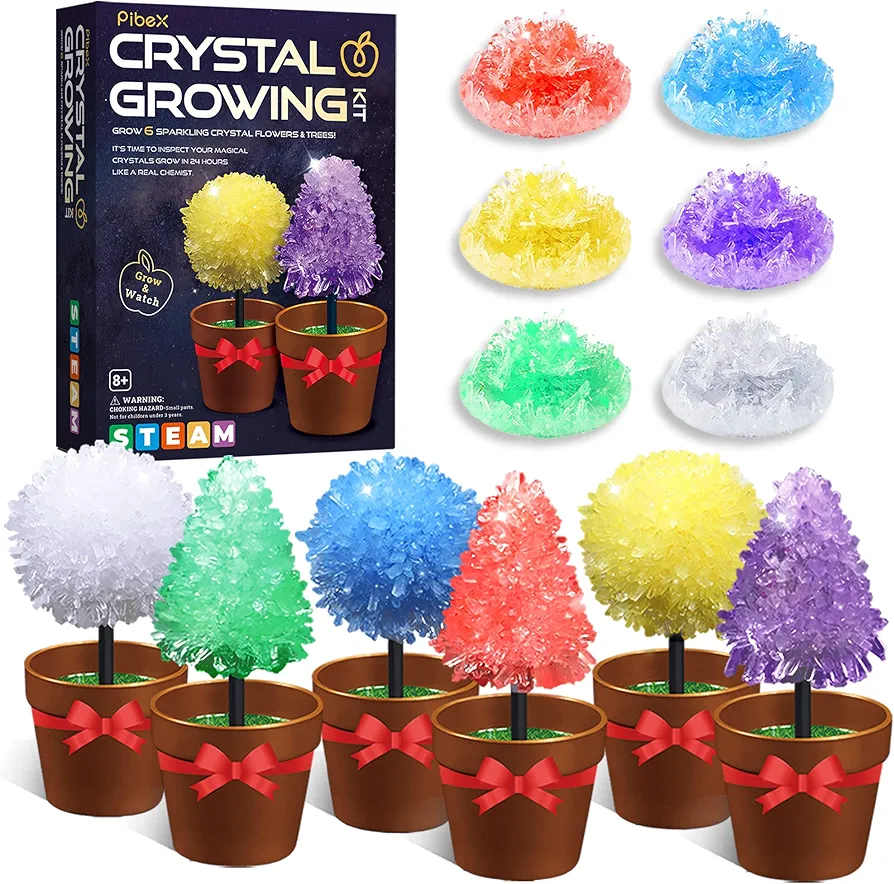 Crystal Growing Kit for Kids, PIBEX 6 Color 12 Crystals Chemical Science Experiment for Age 8-12, Grow Fast in 24H, DIY STEM Project Educational Craft Set, Family Toy Gift for Boys & Girls 8 9 10 11+