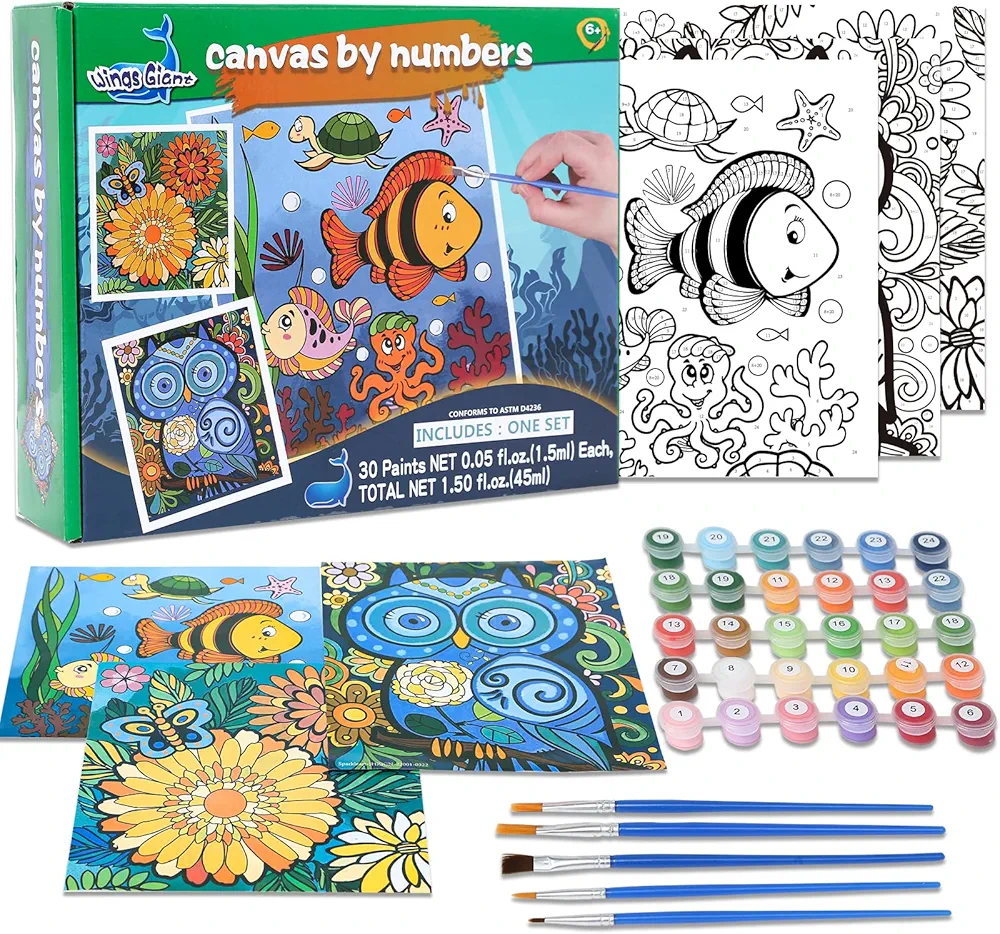 3 Pack Paint by Numbers for Kids Ages 8-12, Pre-Printed Acrylic Oil Painting, Includes (8x10, 8x9, 8x8 inch) Framed Canvas with 30 Acrylic Paint Pots, 5 Brushes for Kids, Art Supplies for Kids 9-12