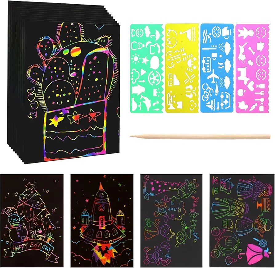 Beadiful Heaven 10PCS Rainbow scratch paper art set for kids, with 1 Wooden Stylus and 4 colorful drawing stencils (A4)