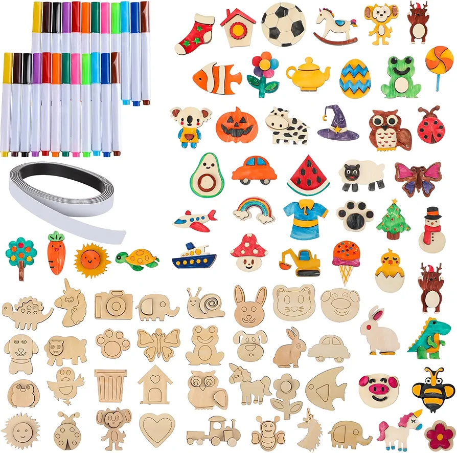 Saysurey 78 Pcs DIY Wooden Magnets Painting Craft Kit Wooden Art Craft for Kids Wooden Painting Crafts for Kids Decorate Your Own Painting Birthday Gifts Party Favors for Boys Girls
