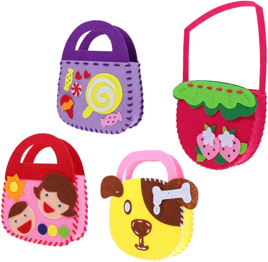 Vaguelly 4 Sets Children's Handbag Childrens Toys Hand Play Bags Kids Arts and Crafts DIY Change Bag Handbag Making Kit Sewing Change Storage Bag Toddler Wallet Fabric Bag Non-Woven Fabric