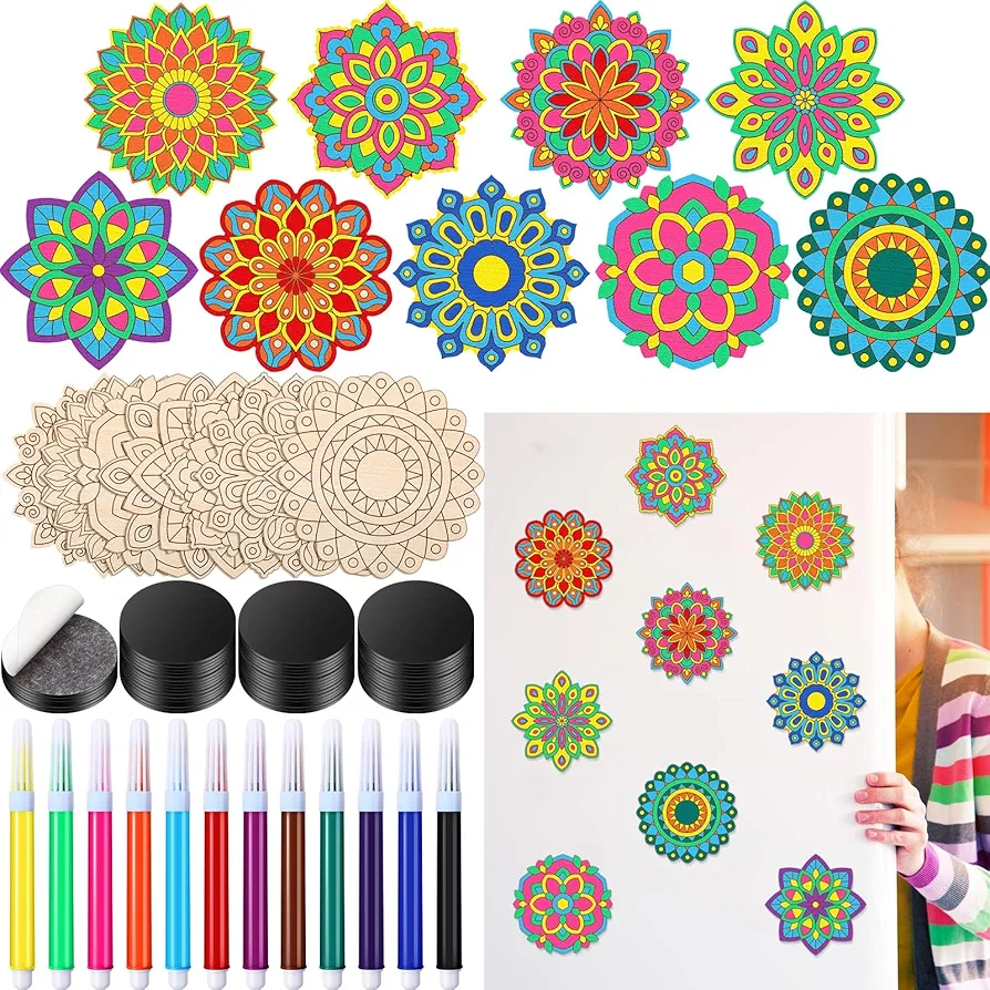 18 Pcs DIY Wooden Mandala Magnets Color Your Own Mandala Magnet Small Magnets for Crafts Self Adhesive Magnet for DIY Craft Fridge Refrigerator Magnets Pendants (Floral Style)