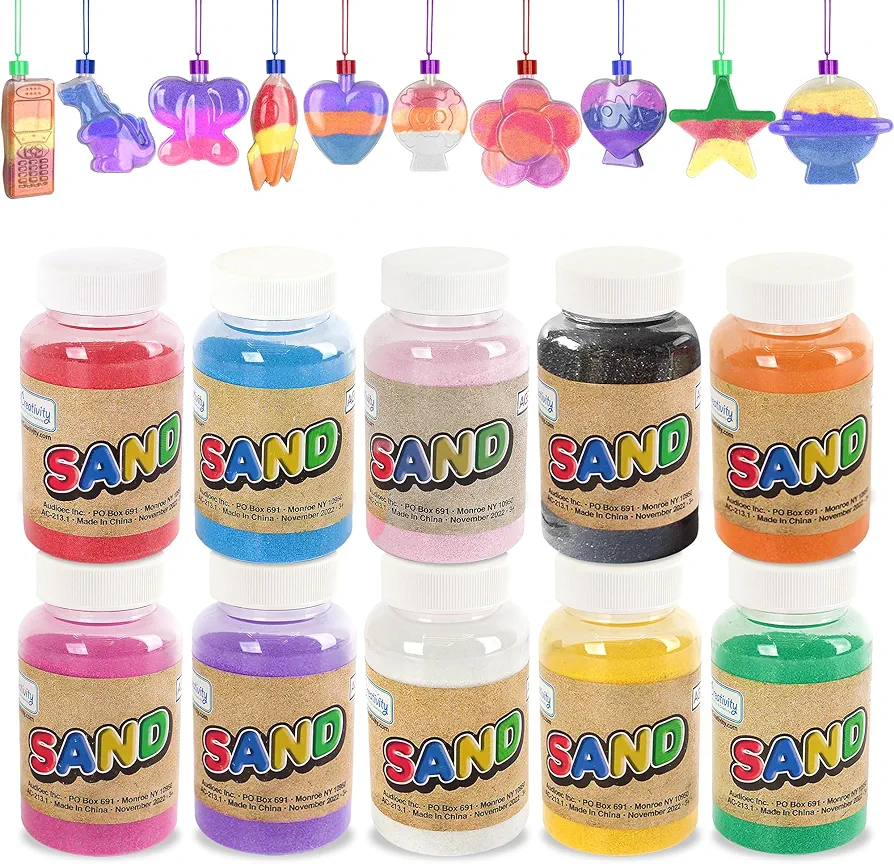 ArtCreativity Colored Sand Art Kits for Kids 40-Pack, Play Sand Set, 10 Assorted Colors, 8 oz. Each, 24 Sand Art Bottle Necklaces, and 6 Funnels Bulk Sand Art Project, Kids Party Crafts for Boys Girls