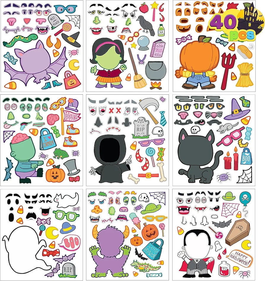 JOYIN 40 Pcs Halloween Make a Face Stickers, Halloween Party Favor, Kids Craft Party Supplies, Class Art Activities Games Goodies, Sticker Sheets with Vampire, Zombie, Pumpkin, Witch, Full Body Design