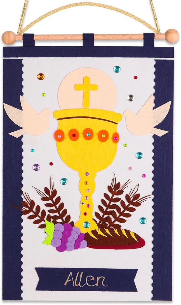 First Communion Banner Kit for Boys 9 x 14 Inch First Holy Communion Banner kits Sunday School DIY Arts and Crafts kit for kids first communion gifts for Boys or Girls (Blue)