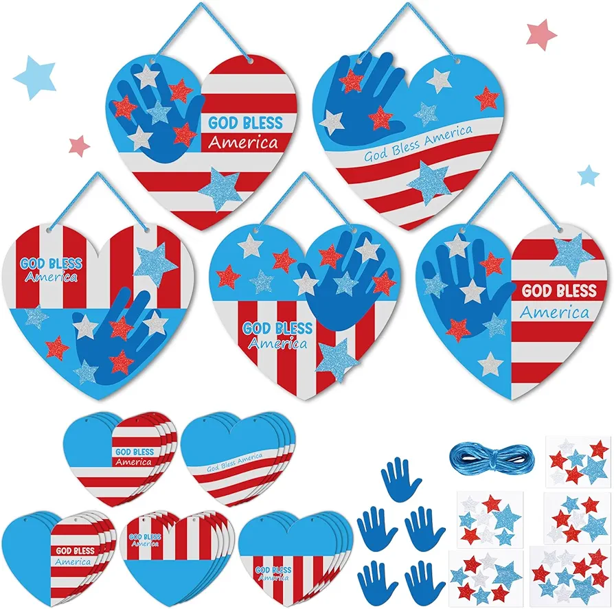 24 Sets Independence Day Craft Kit for Kids God Bless America DIY 4th of July Patriotic Faith Ornament Crafts for Home Classroom Game Activities Party Favor Decorations