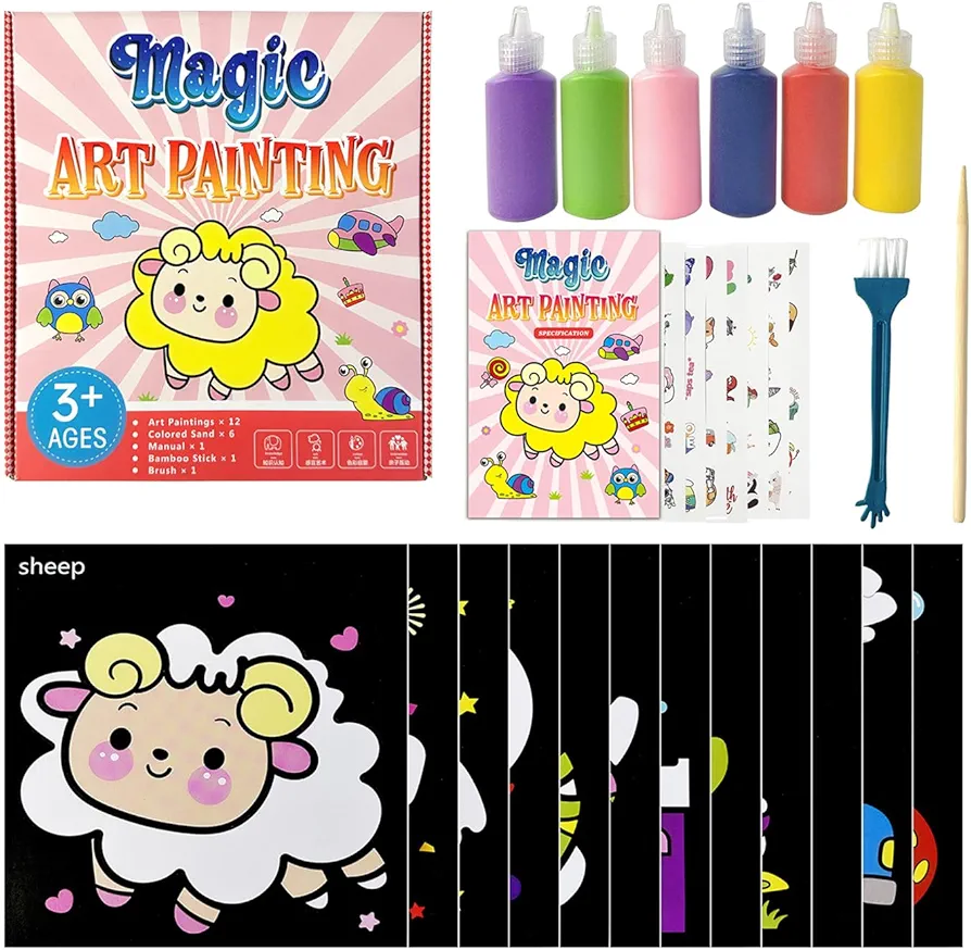 28Pcs Kids Sand Art Set 6 Bottles of Sand 12 Sand Paintings 8 Sheet Stickers for Kid Crafts, School Art Project