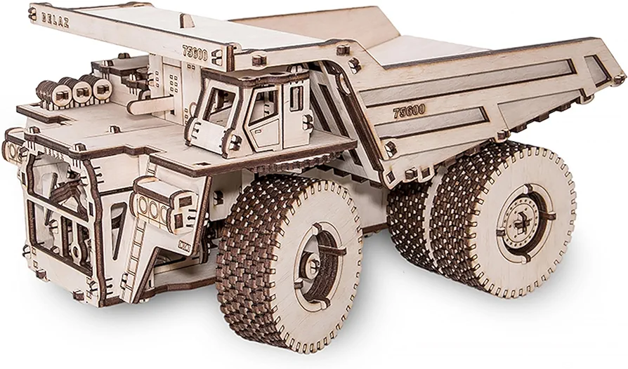 3D Puzzles for Adults - DIY Belaz 75600 Dump Truck 3D Wooden Puzzle with Wind Up Mechanism Piston Engine for 15 yrs Above & Adults - Model Building Kits by Eco Wood Art 307 Pcs