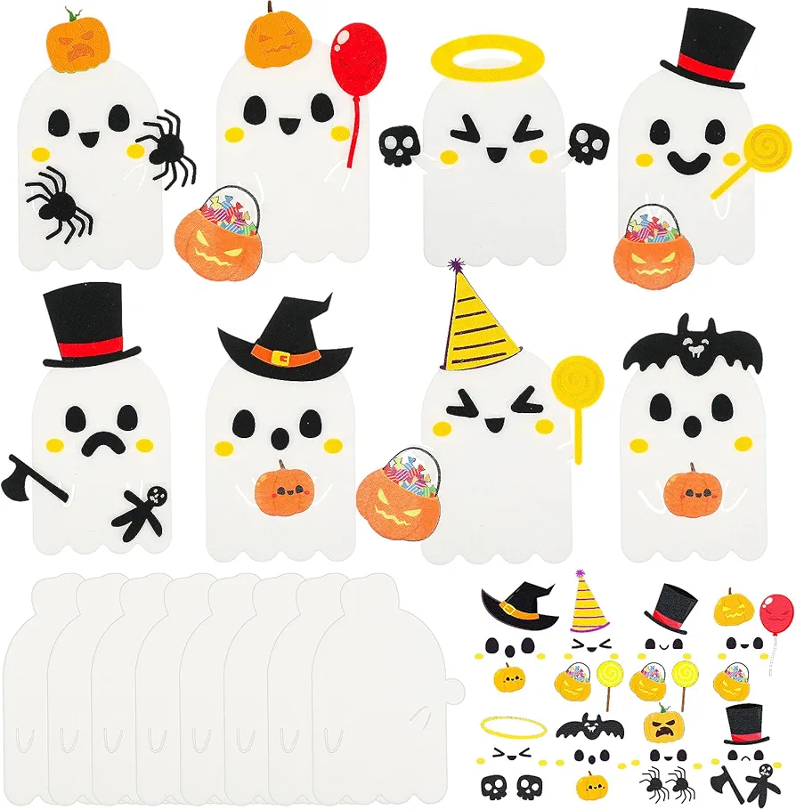 Wettarn 8 Set Halloween Foam Ghost Felt Craft Kit Halloween Foam Stickers Set Includes DIY Ghost Craft Kit and Magnetic Sticker Felt Toys Decoration for Toddler Activity Party School Fridge Supplies