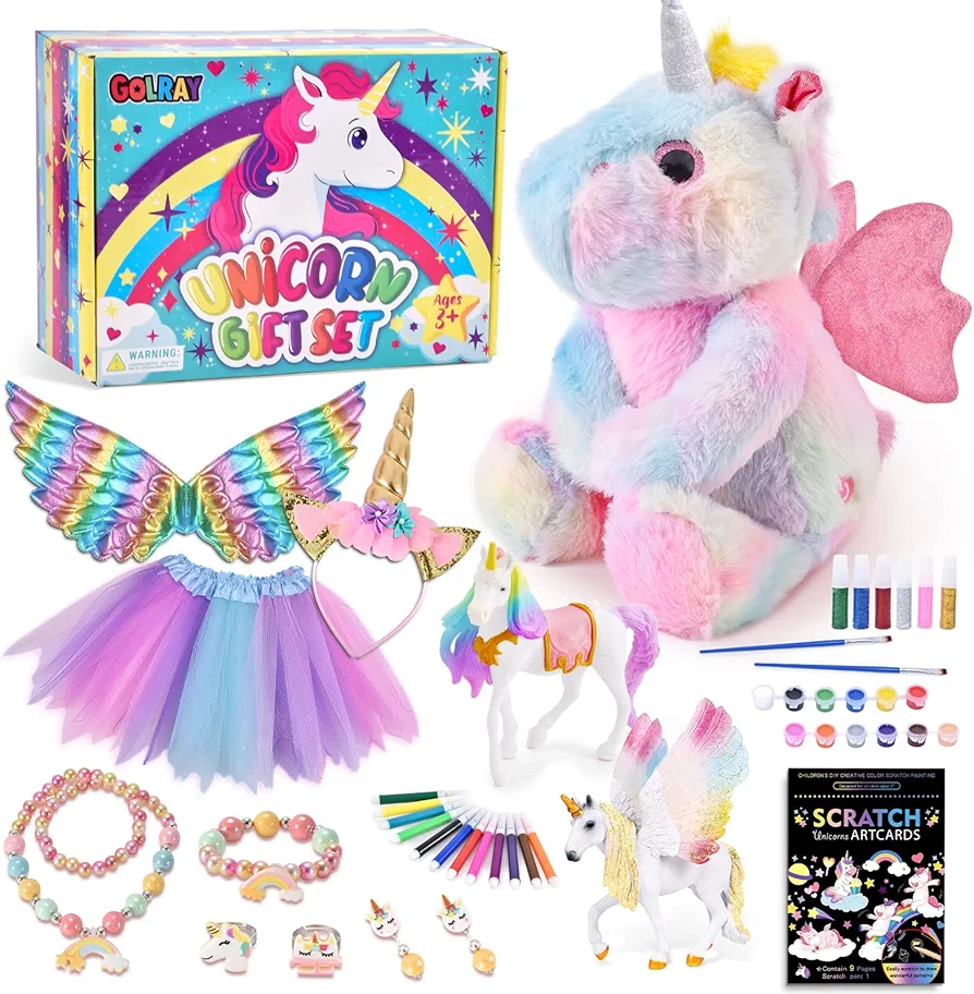 Golray Unicorns Gifts for Girls Age 3-8, Unicorn Plush Toy & Costume & Jewelry & Marker & Painting Crafts Kit, Unicorn Toy for Girls Age 3 4 5 6 7 8, Birthday Gifts for 3 4 5 6 7 8 Year Old Girl