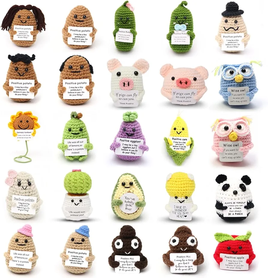 25PCS Cute Positive Potato Emotional Support Crocheted Dolls with Encoragement Card Sets for Coworker Friends Desk Decoration