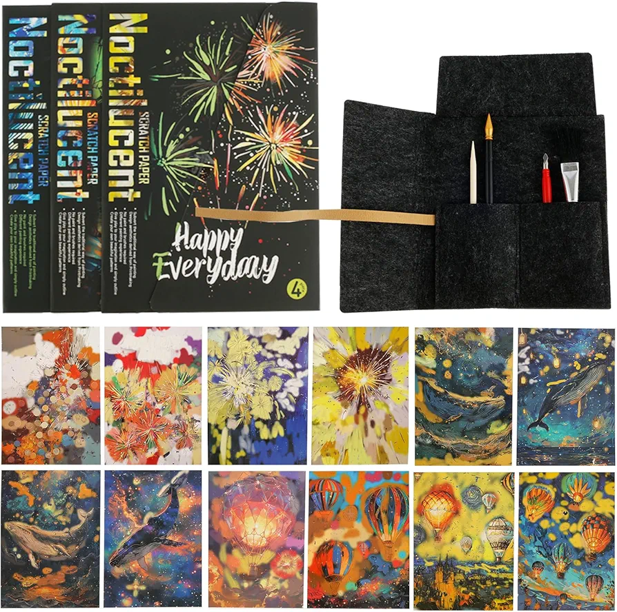 YLMFTNU Scratch Rainbow Painting, Scratch Paper Art Set, Scratch Painting Paper Set, Fireworks Hot Air Balloons, Creative DIY Handmade Art Gifts for Adults Kids