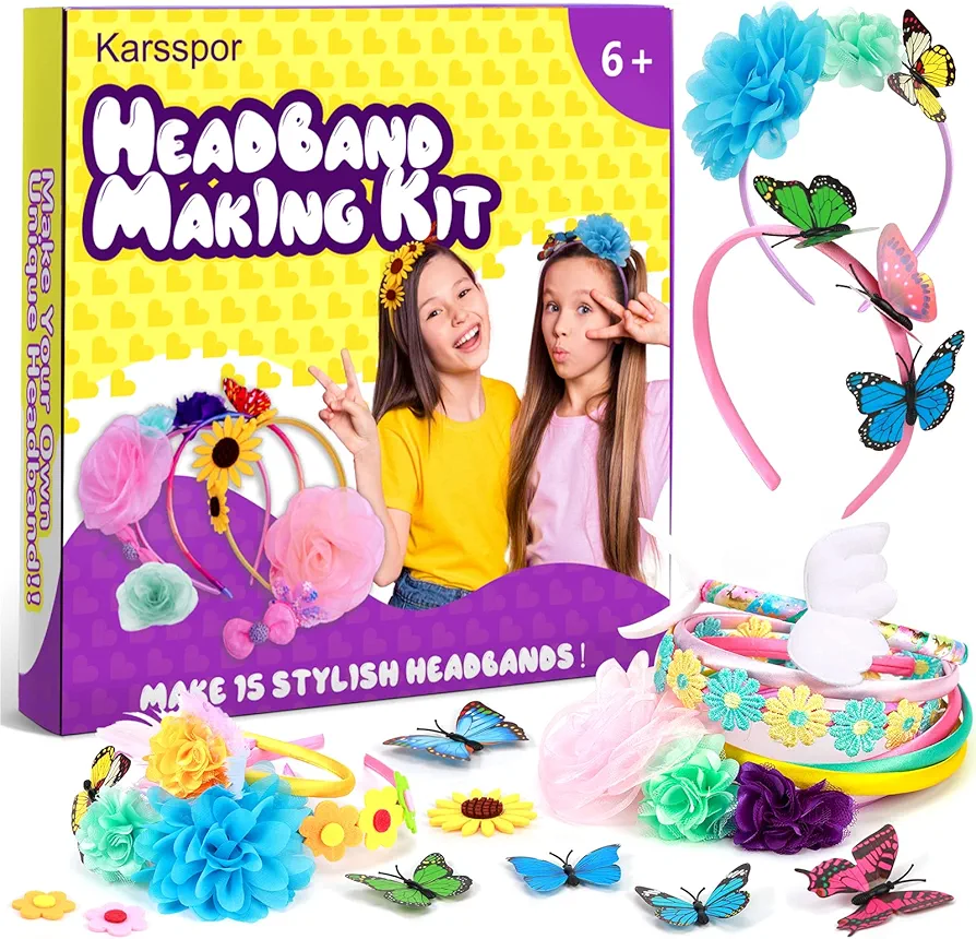 Karsspor 72 PCS Headband Making Kit, Make 15 Fun Fashion Headbands for Girls, Make Your Own Girls Hair Accessories DIY Headband Kit, Arts and Craft Kit for Girls, Great Gift for Girls Ages 6+