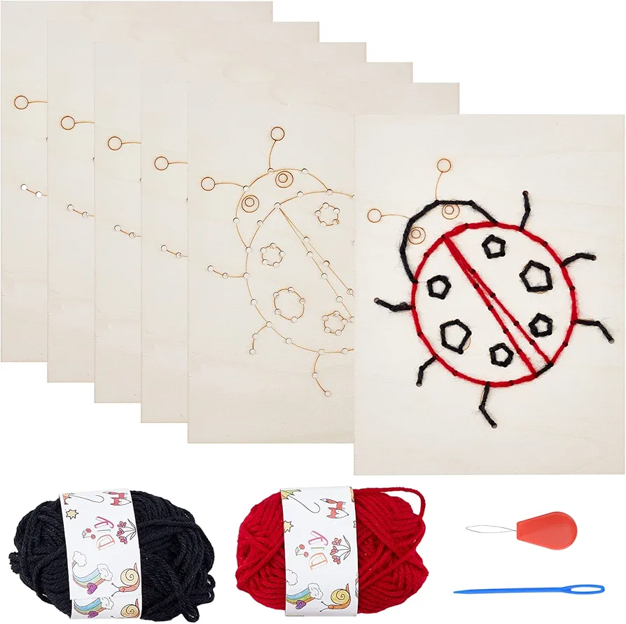 FREEBLOSS 6 Set Ladybug Wooden Threading Kits First Sewing Kit Wooden Sewing Kit for Activity Kit