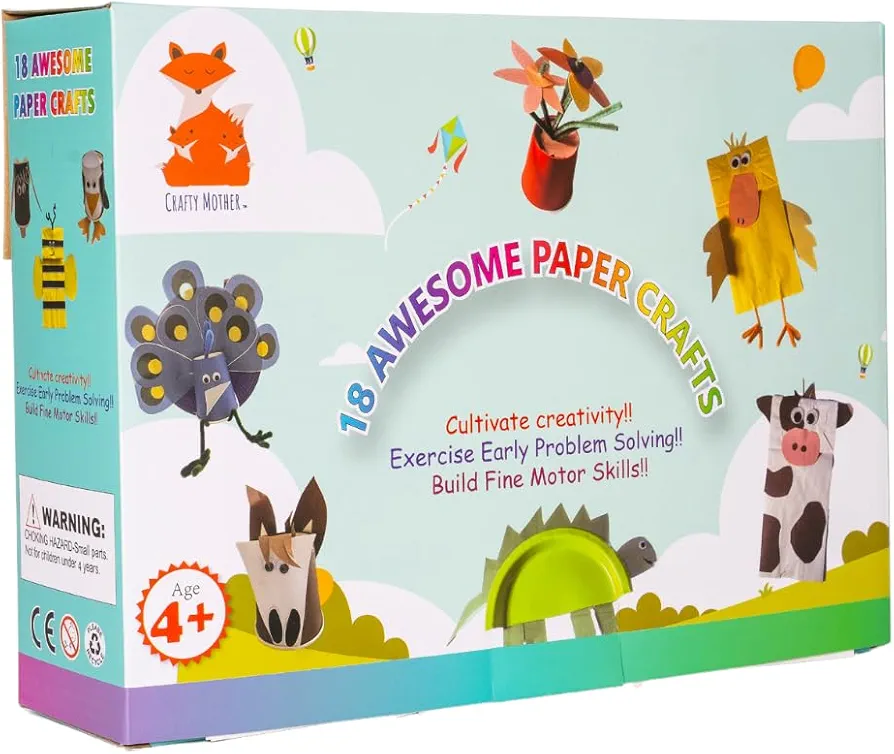 Crafty Mother Paper Craft Kit for Kids - 18 Individually Organized DIY Arts and Craft Bags, Cups and Plate Projects for Children - Ages 4-8 and Older - Includes 100 Glue Dots