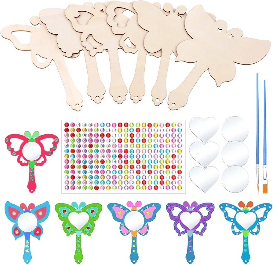 Tucnoeu 6pcs Butterfly Princess Mirror Wooden Mirror Craft for Kids Decorate You own Butterfly Mirrors for Girls,Party Craft Mirrors DIY to Paint Wooden Arts Princess Birthday Party Decorations