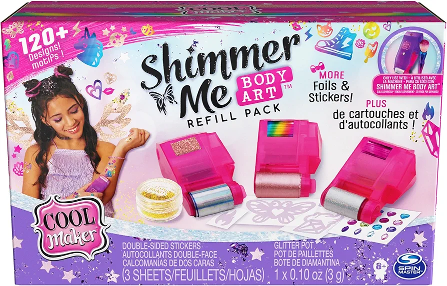 Cool Maker, Shimmer Me Body Art Refill Pack with Exclusive Glitter, 3 Metallic Foils, Over 120 Designs, Temporary Tattoo Kids Toys for Ages 8 and up