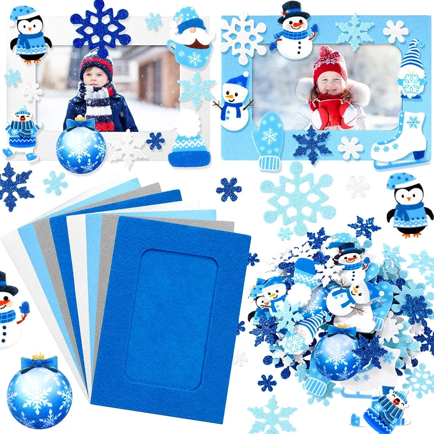 Ferraycle 232 Pieces Winter DIY Picture Frames Craft Kit 32 Pieces Winter Photo Frames with 200 Stickers to Decorate for Xmas Winter Party Favor Classroom Home (Cute Style, Classic Color)