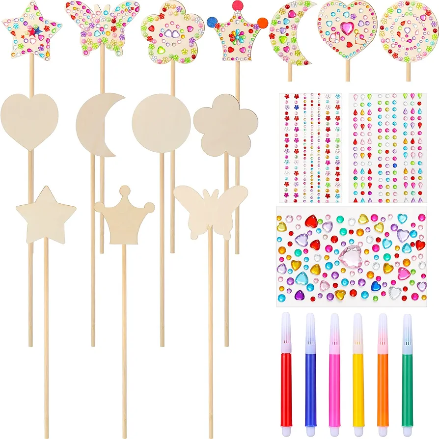 30 Pieces Princess Fairy Wands Kit Include 21 Wooden Fairy Wands Make Your Own Princess Wand, 6 Watercolor Brushes and 3 Gem Stickers Unfinished Wooden DIY Fairy Wand Art Craft Kit for Party Supplies