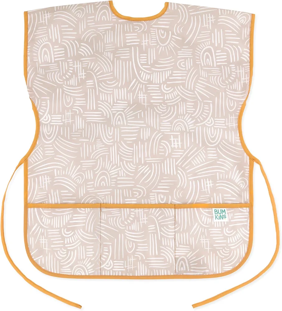 Bumkins Short Sleeve Smock, Toddler Reusable Waterproof Bib for Girls and Boys Ages 3-7 Years, Junior Childrens, Kids Paint Apron, Arts, Crafts and Play with Pocket, Soft Fabric, Boho Beige