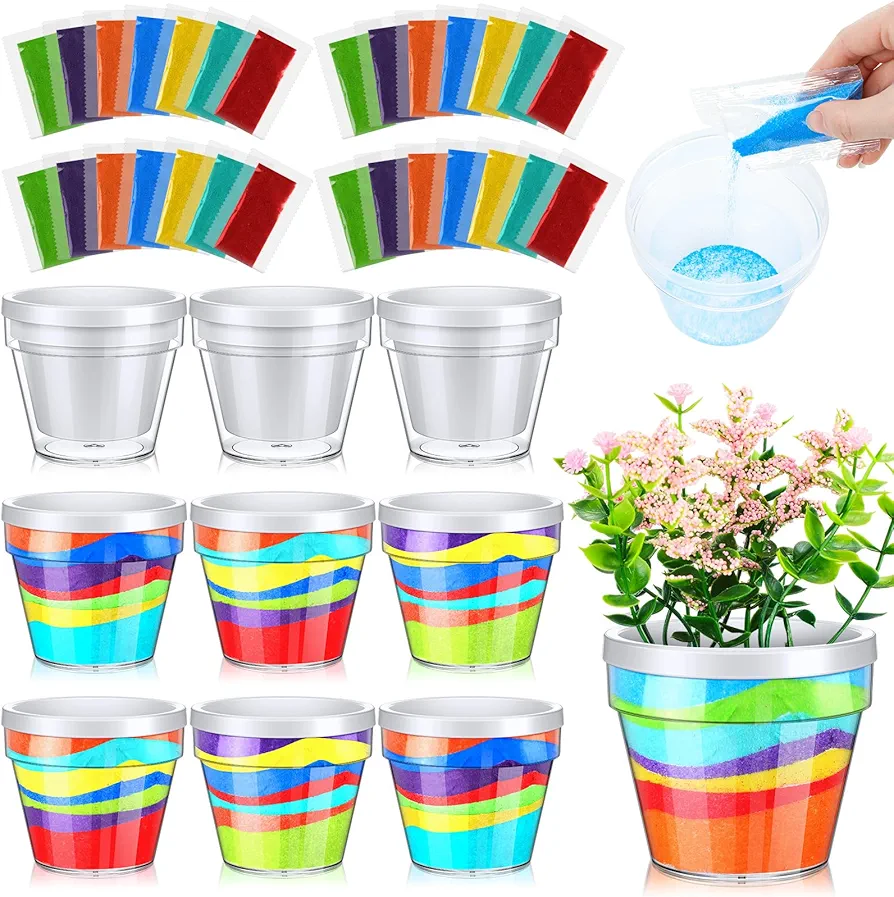 SiliFine 12 Set DIY Sand Art Flower Pot Kids Craft Flower Pot Plastic Pot Craft Kit Colored Art Sand DIY Flower Pots Gardening Flower Pot Decorate Your Own Planter for Fun School Home Activity