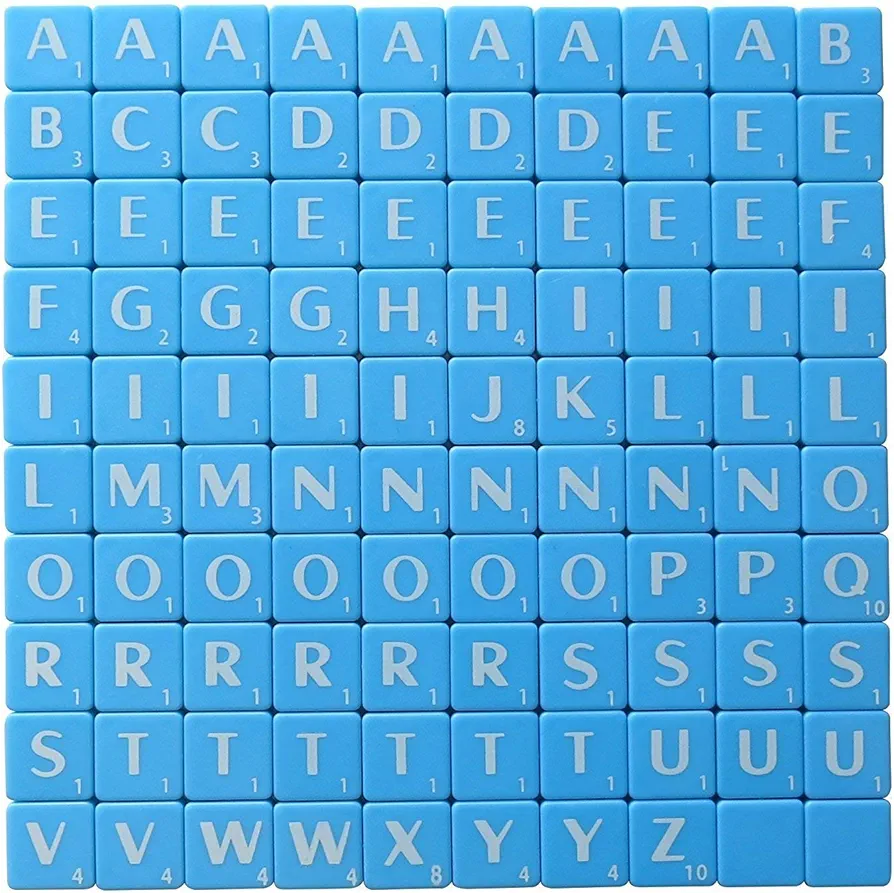 Turquoise Blue Plastic Tiles with White Letters & Numbers for DIY Arts and Craft Scrapbooking Board Games Replacement Spelling Pendants Jewelry Making, 100pcs