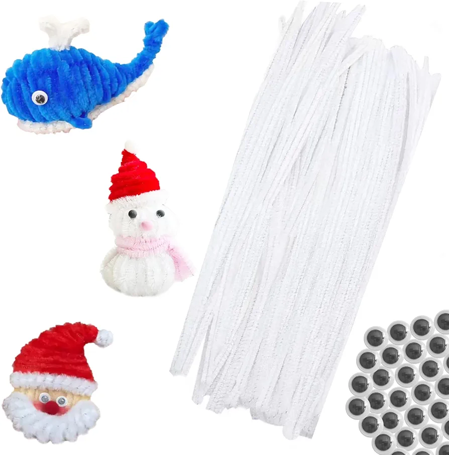 100pcs White Pipe Cleaners Chenille Stems for DIY Art & Crafts with Googly Eyes 100pcs (12inch x 6mm)