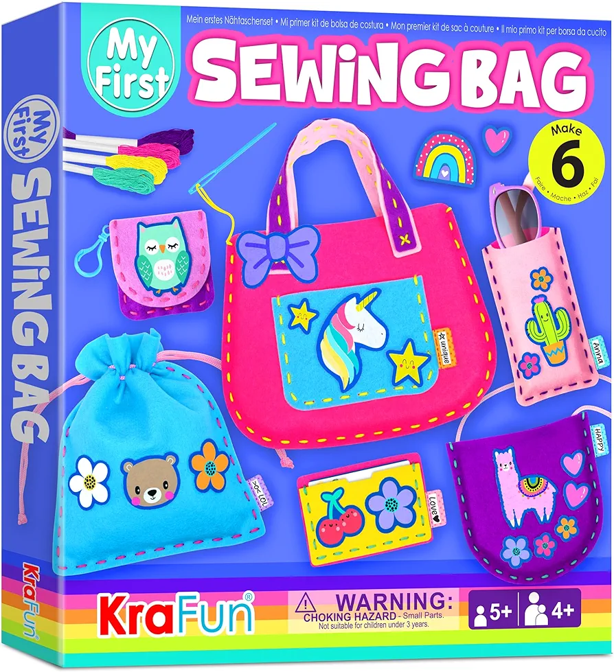 KRAFUN My First Sewing Bag Kit Arts & Crafts for Beginner Kids, 6 Easy DIY Sewing Handbag Pouch Sleeve projects of Animal theme, Instructions Learn to Sew & Felt embroidery, Gift for Girls, Boys