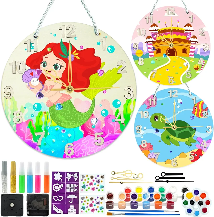 AluAbi 2 Pack DIY Clock kit-Make Your Own Clock, Wooden Painting Kit DIY Arts & Crafts Activity Christmas Birthday Gift for Kids Girls Age 6 7 8 9 10 Year Old