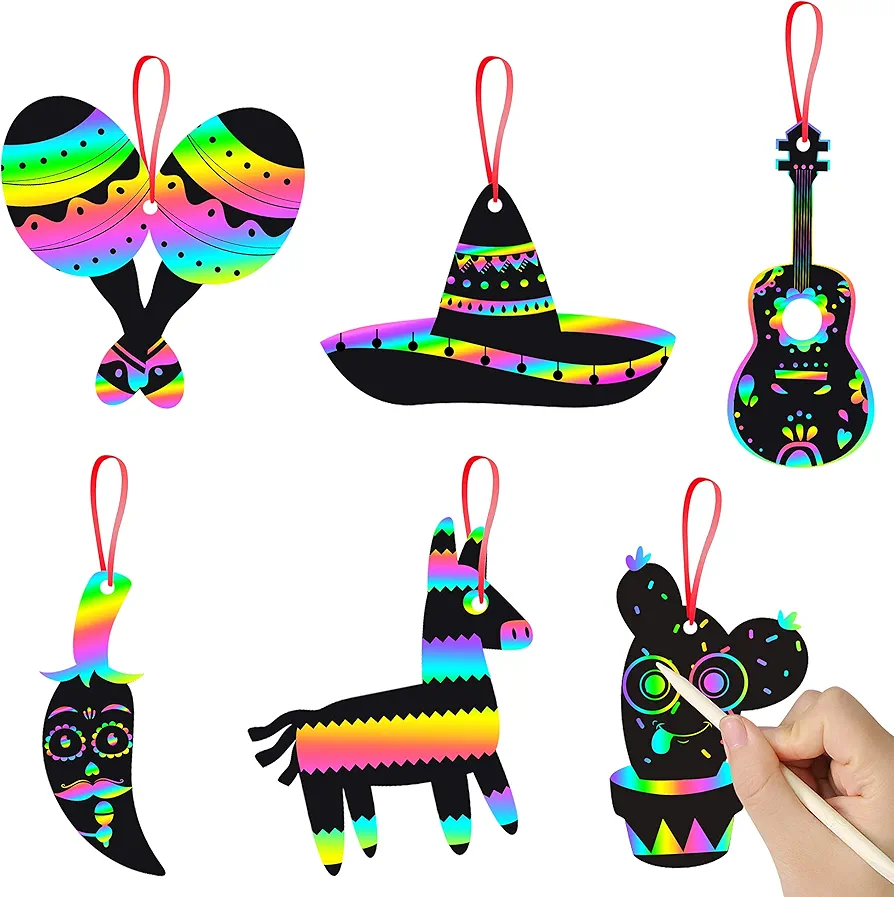 WATINC 60 pcs Mexican Fiesta Scratch Cards Art Set for Kids and Adults, Cinco De Mayo Party Decorations Favor, DIY Magic Colorful Art Craft Kit, Scratch Paper Ornaments for Birthday Party
