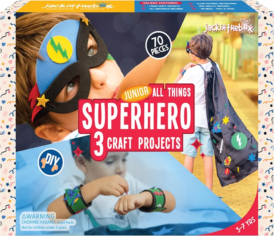 jackinthebox Superhero DIY Costume Art and Craft Kit, Make a Cape, Mask and Cuffs, Best Gift for Boys Ages 5 6 7 8 Years, 3 Craft Projects in 1 Box
