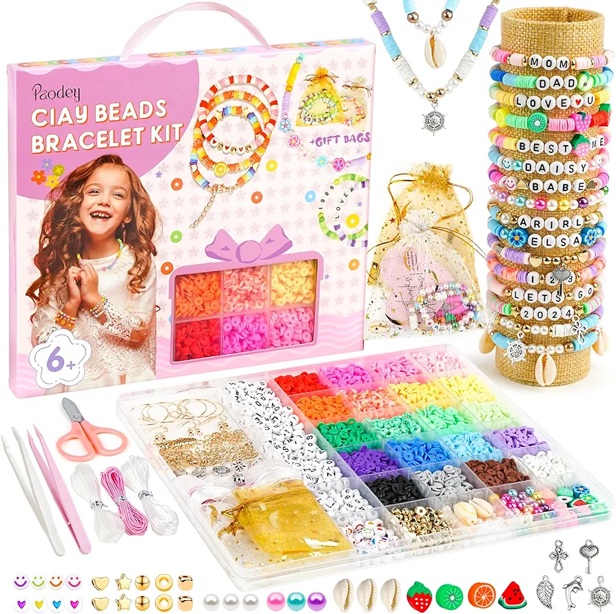 Paodey Arts and Crafts Kit Girls Gift, 20 Colors Polymer Clay Beads with Letter Bead Bracelet Kit for Girls Birthday Gift Ideas DIY Craft Jewelry Set Kids Toys for Ages 6-13 7 8 9 10+ Christmas Gifts