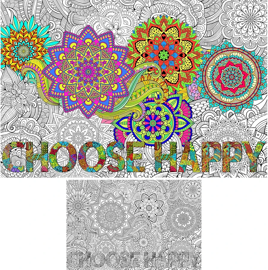 Giant Mandala Coloring Posters Large Flower Coloring Tablecloth Choose Happy Jumbo Wall Coloring Books Pages for Art Craft DIY Activity Coloring Sheet for Kids Adults Party Supplies Decoration