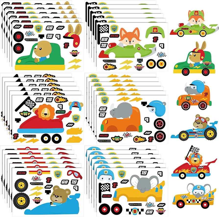 Ireer 36 Sheets Car Stickers for Kids Make Your Own Car Stickers, 6 Styles Cartoon Racing Car Stickers for Race Car Themed Birthday Party Supplies Rewards Toy Art Craft Activities