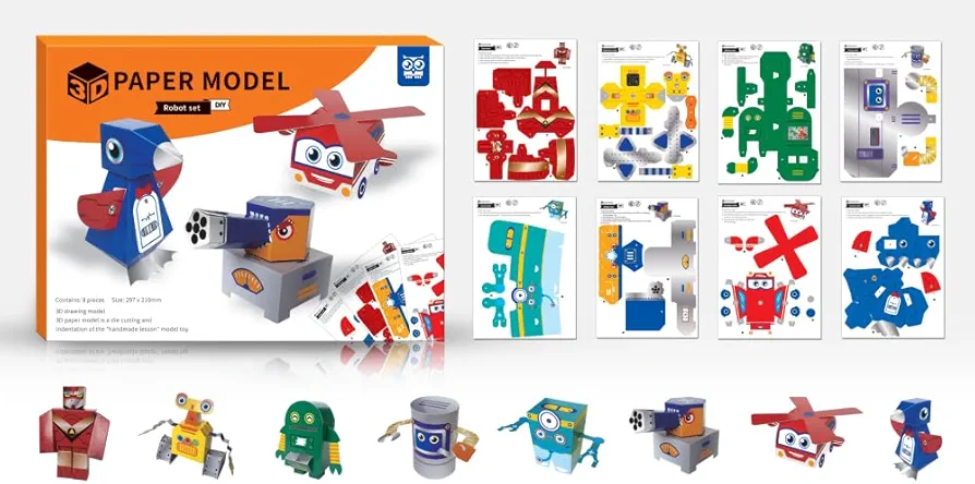 Paper Craft 3D Puzzle DIY Puzz Kits (8 PCS/Kit) Cartoon Art Craft Gift for Kids, No Need Scissors/Knife, Include Adhesive Paper, Art Supplies in Class, Cubic Decor Paper Model Craft (Robots)