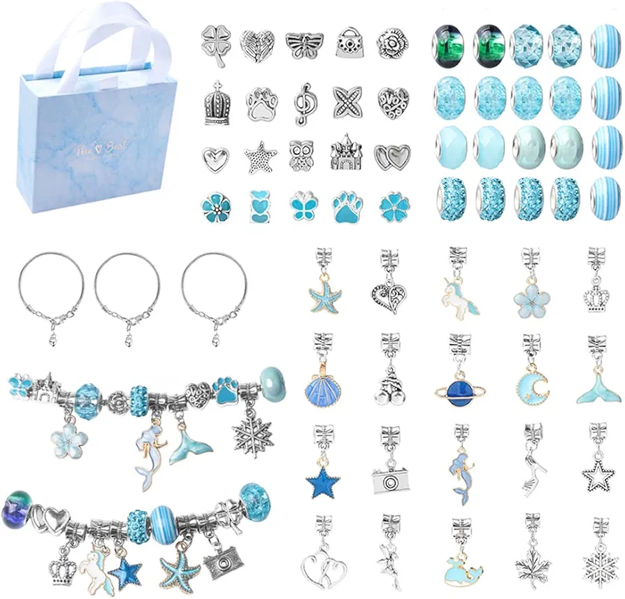 Berocia Charm Bracelet Making Kit, Jewelry Making Supplies Including European Beads Charm Pendants Snake Chains, Gifts Set for Teen Girls Arts and Crafts for Kids Ages 5 6 7 8 9 10 11 12 (blue)