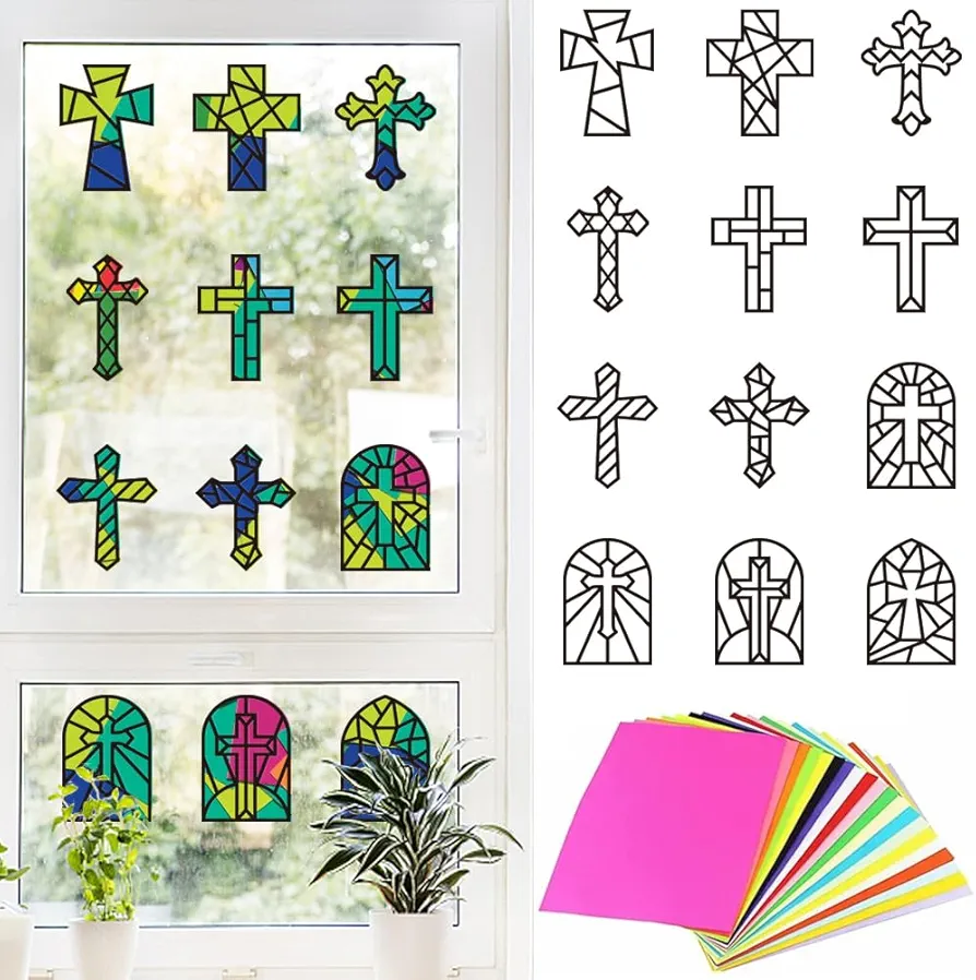 PLIGREAT 12 Pieces Cross Suncatchers Craft Kit Window Glass Art Kit DIY Suncatcher Tissue Paper Crafts for Sunday School Classroom Creative Window Art Party Favors