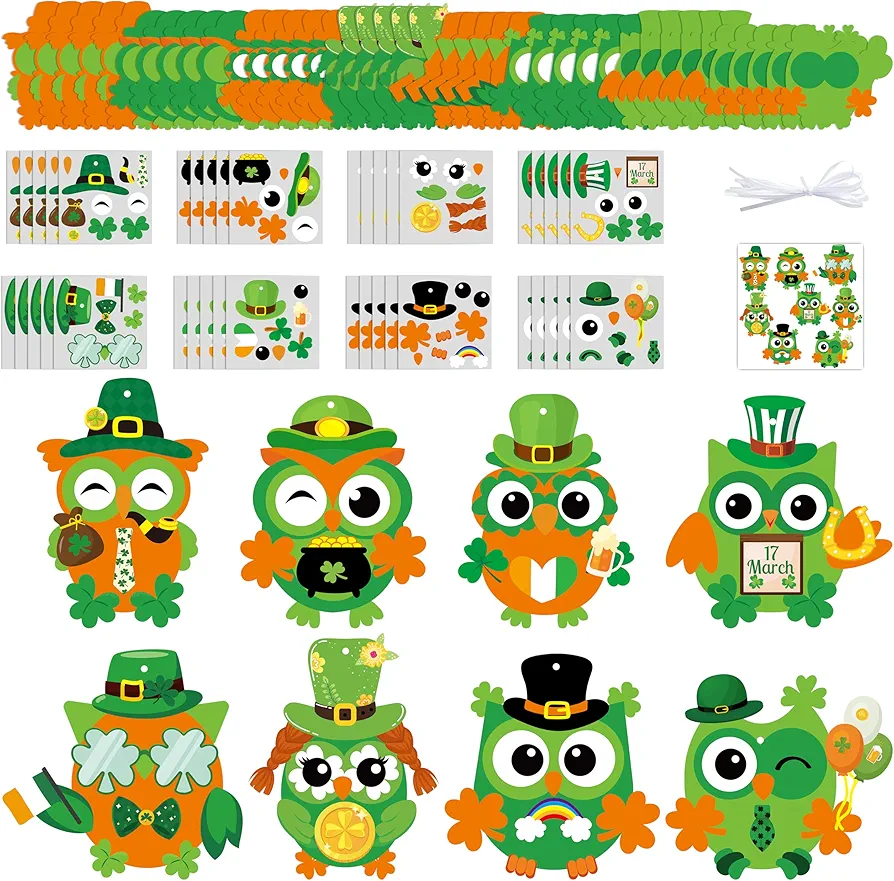3sscha 40 Packs St. Patrick's Day Owl Craft Kit for Kids DIY Make Your Own Lucky Shamrock Self-Adhesive Sticker Handmade Artwork Decoration Classroom Home Holiday Activity Gift Party Favor Supplies